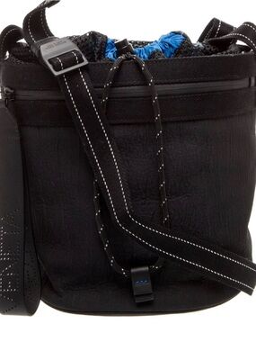 Bottega Veneta Black Leather Drawstring Messenger with Blue Liner